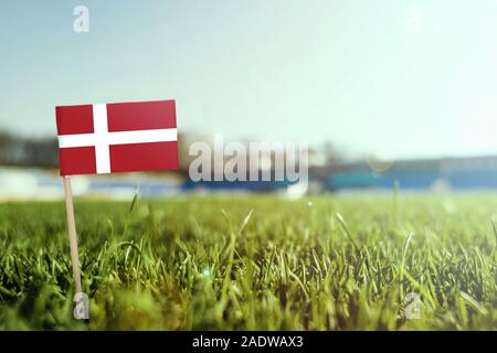 Stick miniaturizzato Danimarca bandiera su erba verde, vicino campo di sole. Lo sfondo dello stadio, copia spazio per il testo. Foto Stock