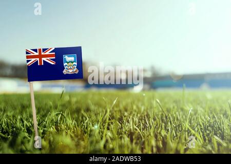 Stick miniaturizzato Isole Falkland bandiera su erba verde, vicino campo di sole. Lo sfondo dello stadio, copia spazio per il testo. Foto Stock