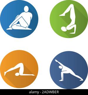 Lo Yoga asana design piatto lungo ombra set di icone. Ardha matsyendrasana, vrishchikasana, halasana, utthita parsvakonasana posizioni di yoga. Silhouett vettore Illustrazione Vettoriale