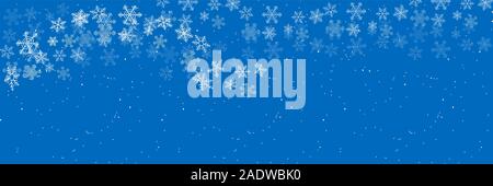 Xmas banner orizzontale. Inverno nevica sky. Fiocchi di neve bianca. Esso s nevicava. Anno nuovo frosty astrazione. Tema Natale. Nevicata su un cielo blu backg Illustrazione Vettoriale