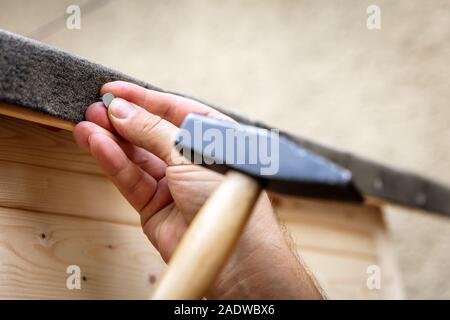 Rivestimenti bitumati è inchiodato in basso con rivestimenti bitumati perni Foto Stock