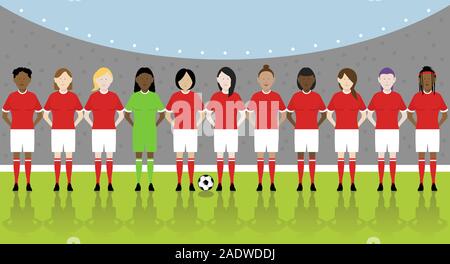 Line-up di undici femmina multinazionale i giocatori di calcio in rosso il kit su un campo di calcio. File EPS disponibile. Illustrazione Vettoriale