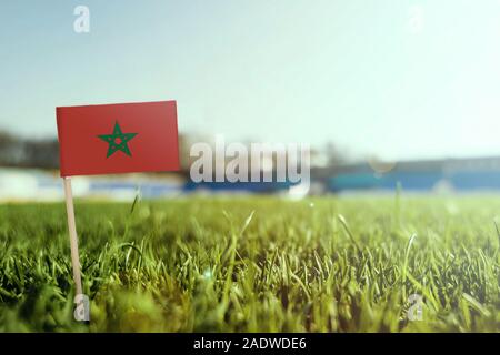 Stick miniaturizzato Bandiera del Marocco su erba verde, vicino campo di sole. Lo sfondo dello stadio, copia spazio per il testo. Foto Stock