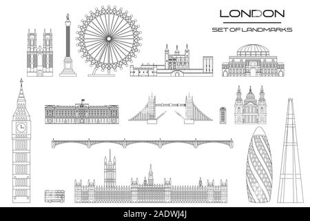 Set di vettore di monumenti di Londra. Lo Skyline della citta' illustrazione vettoriale nei colori bianco e nero isolato su sfondo bianco. Set di silhouette di vettore Illustrazione Vettoriale