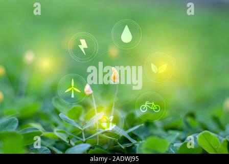 Natura su foglie verdi con un icona di fonti di energia per lo sviluppo sostenibile Foto Stock