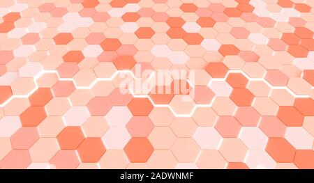 Background 3d rendering di un mosaico con forme esagonali in toni di colore rosa, linea luninous nel centro. Foto Stock