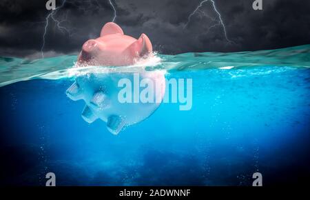 Piggybank galleggia nel mare in tempesta, fulmini in background. Immagine 3D render. concetto di rischio finanziario. Foto Stock