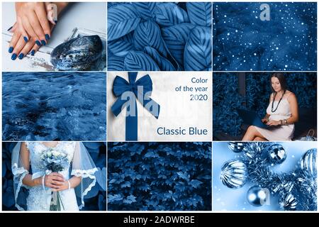 Collage creativo in colore blu. Diverse foto in una composizione. La natura e il concetto di bellezza. Foto Stock