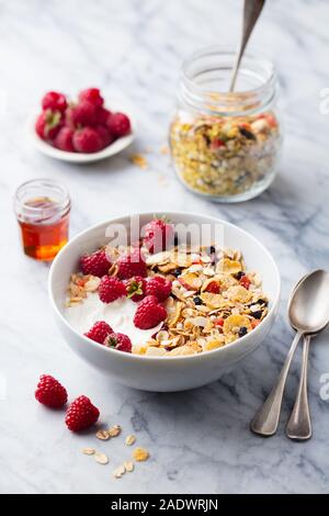 Una sana prima colazione. Il Granola fresca, muesli con yogurt e frutti di bosco. Sfondo marmo Foto Stock