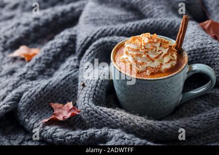 Latte macchiato di zucca con spezie e panna montata. Grigio sfondo a maglia. Spazio di copia Foto Stock