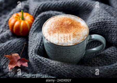 Latte macchiato di zucca con spezie. Grigio sfondo a maglia. Close up Foto Stock