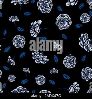 Vettore di seamless pattern con bianco e blu rose su sfondo scuro Illustrazione Vettoriale