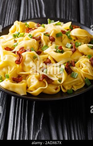 La pasta italiana tortelloni con pancetta e formaggio e cipolle verdi close-up in una piastra sul piano verticale. Foto Stock