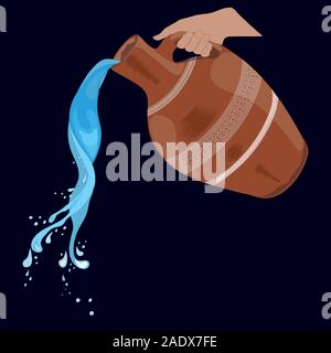 Caraffa in argilla verniciata con manico, spruzzi d'acqua, versando acqua. Una caraffa in mano. Isolato, nero. Vettore Illustrazione Vettoriale