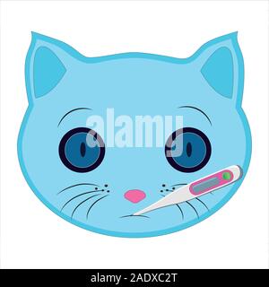 Disegno piatto di un gatto. Emoji, prendere la temperatura, termometro. Segni e simboli del gatto. Vettore. Illustrazione Vettoriale
