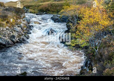 Fiume KIRKAIG SUTHERLAND LA SCOZIA IN PIENO FLUSSO CON autunnale di Rowan e betulle Foto Stock