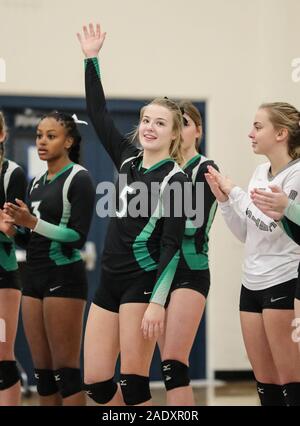 Azione di pallavolo con Burley vs Bonneville High School, a Coeur d'Alene, Idaho. Foto Stock