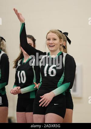 Azione di pallavolo con Burley vs Bonneville High School, a Coeur d'Alene, Idaho. Foto Stock