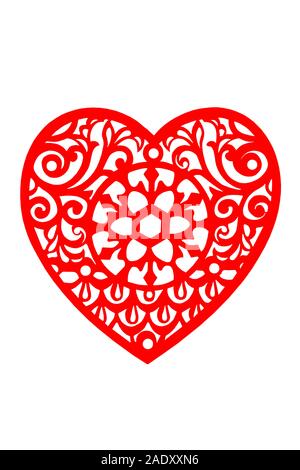 Cuore di pizzo in rosso, isolato su bianco Foto Stock