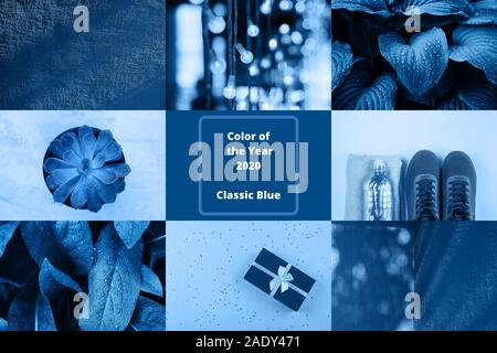 Collage fatto di diverse foto tonica in colore blu. Foto Stock