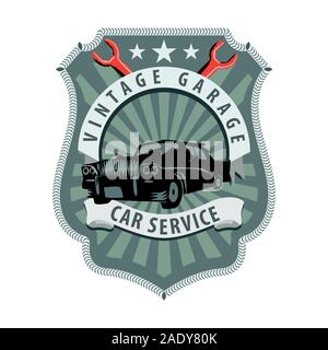Auto d'epoca Etichetta di riparazione con uno stile rétro. Piatto e colore solido illustrazione vettoriale. Illustrazione Vettoriale