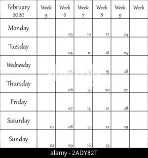 Febbraio 2020 Planner con il numero di riferimento per ogni debole nero su sfondo trasparente Illustrazione Vettoriale