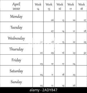 Aprile 2020 Planner con il numero di riferimento per ogni debole nero su sfondo trasparente Illustrazione Vettoriale