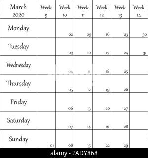 Marzo 2020 Planner con il numero di riferimento per ogni debole nero su sfondo trasparente Illustrazione Vettoriale