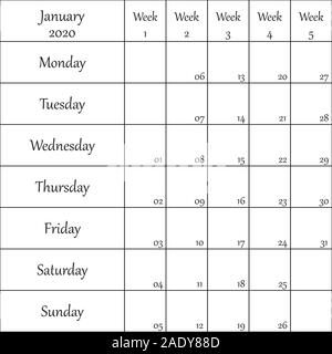 Gennaio 2020 Planner con il numero di riferimento per ogni debole nero su sfondo trasparente Illustrazione Vettoriale