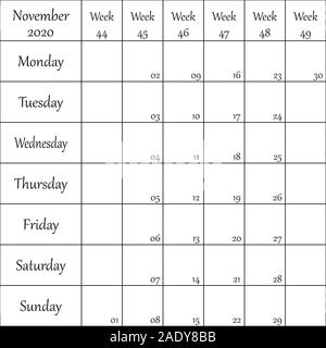 Novembre 2020 Planner con il numero di riferimento per ogni debole nero su sfondo trasparente Illustrazione Vettoriale