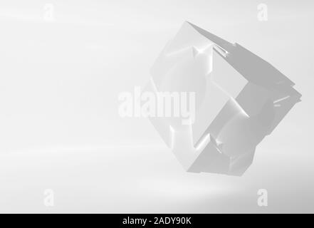 Abstract incandescente oggetto bianco con frammentazione caotica è in un vuoto interiore, rendering 3D illustrazione Foto Stock