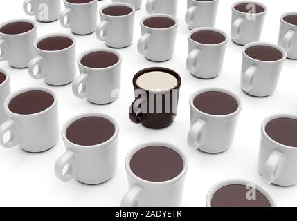Singoli Tazza nera con altre tazze isolati su sfondo bianco. Il concetto di business. Il rendering 3D Foto Stock