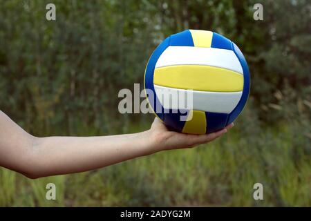 Femmina trattiene a mano nel suo palm colorato sfera sportiva per giocare a pallavolo. Fotografia di close-up sfocate su sfondo verde Foto Stock