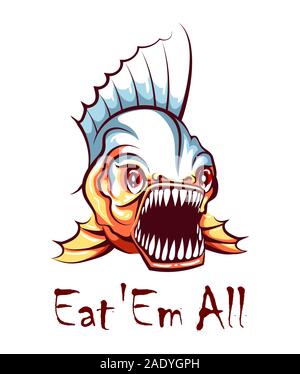 Pesce Piranha mascotte Emblema con lettering grunge Eatem tutti gli isolati su bianco. Illustrazione Vettoriale. Illustrazione Vettoriale