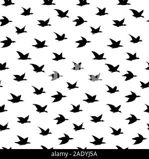 Uccelli gru giapponese modello senza cuciture con semplici sagome di uccelli per sfondi, sfondi o tessuto. Flying elegante nera rondini, disegnati a mano illustrazione inchiostro su bianco blackground Illustrazione Vettoriale