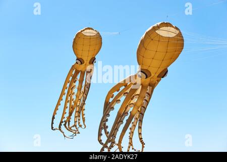Due squid o a forma di polpo tan marrone aquiloni colorati con grandi occhi, lunghi tentacoli e ventose contro una soluzione satura di cielo blu in estate Foto Stock