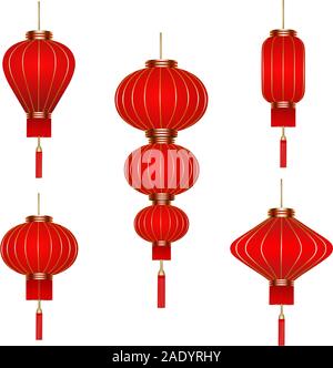 Impostare isolato rosso lanterne cinesi Illustrazione Vettoriale
