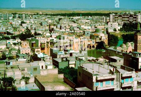 Città di Hama Siria 1980. Il norias e case nel centro sono state distrutte durante la Fratellanza Musulmana rivolta nel 1982. Foto Stock