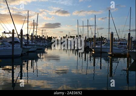 Key Biscayne, Florida - Novembre 30, 2019: yacht ormeggiati a Marina di Crandon all alba di un nitido inverno mattina. Foto Stock