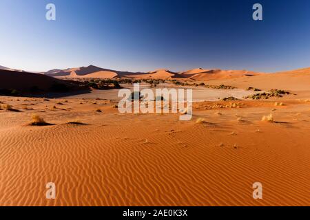 Lago morto e montagne di dune, vento increspato, Sossusvlei, deserto del Namib, Parco Nazionale Namib-Naukluft, Namibia, Sud Africa, Africa Foto Stock