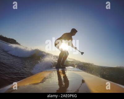 Uomo avventuroso Surfer su un dispositivo di compressione scheda è navigare nell'oceano durante una mattina di sole nella stagione autunnale. Prese a Long Beach, Tofino, Isola di Vancouver, Foto Stock