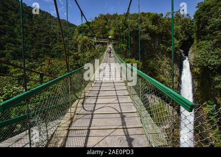 Ponte di sospensione al Paílón Del Diablo cascata, Baños de Agua Santa, Ecuador Foto Stock