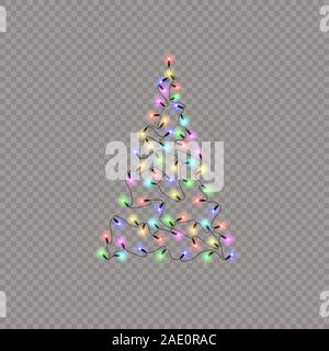 Albero di Natale fatto di luci di colore stringa su uno sfondo trasparente. Luci incandescenti per Natale cartoline vacanza, banner, poster, web design. Le ghirlande Illustrazione Vettoriale