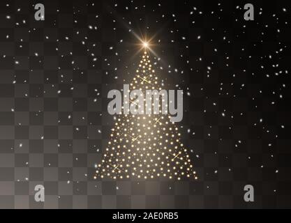 Albero di Natale fatto di golden luci su uno sfondo trasparente. Illustrazione Vettoriale. Illustrazione Vettoriale