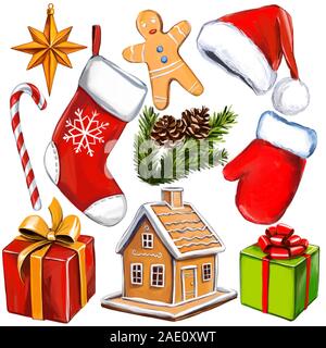 Set di Natale del Natale simboli e decorazioni. Raccolta di decorazione per le vacanze di Natale e Anno Nuovo isolato su sfondo bianco, arte illu Foto Stock
