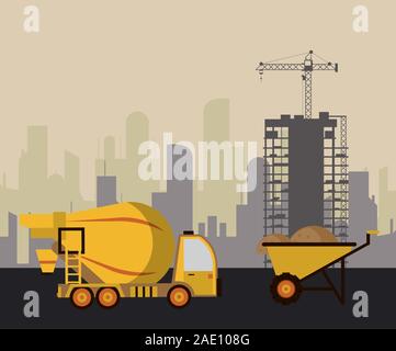 In costruzione in scena con la betoniera carrello Illustrazione Vettoriale