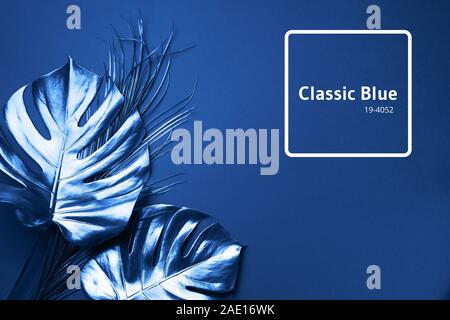 Collage di moda con la natura texture, foglie. sfondi ispirati alla moda di colore blu del 2020. Foto Stock