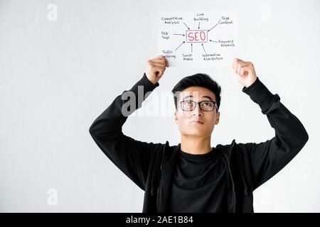 Asian seo manager di detenzione e guardando la carta con le parole il concetto di seo Foto Stock