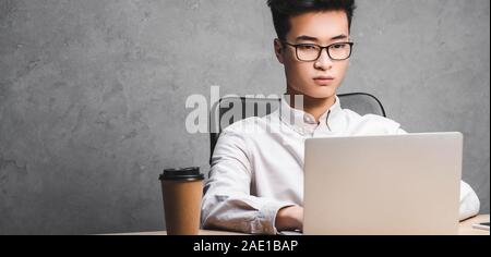 Panoramica di asian seo manager seduta a tavola e Utilizzo di computer portatile Foto Stock