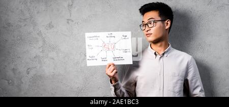 Panoramica di asian seo manager di detenzione e guardando la carta con le parole il concetto di seo Foto Stock